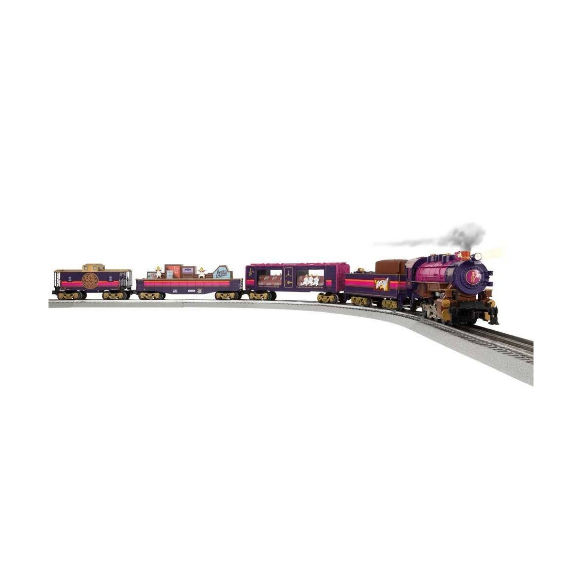 Willy Wonka & The Chocolate Factory Set - 3-Rail - LionChief Bluetooth 5.0 -- 0-8-0 w/Sound, 3 Cars, FasTrack Oval, Remote Contr