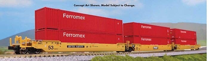 Gunderson MAXI-IV 3-Unit Well Car with 6 53′ Containers - Ready to Run -- TTX DTTX 732335 (yellow, blac, N, Kato USA Inc 10661