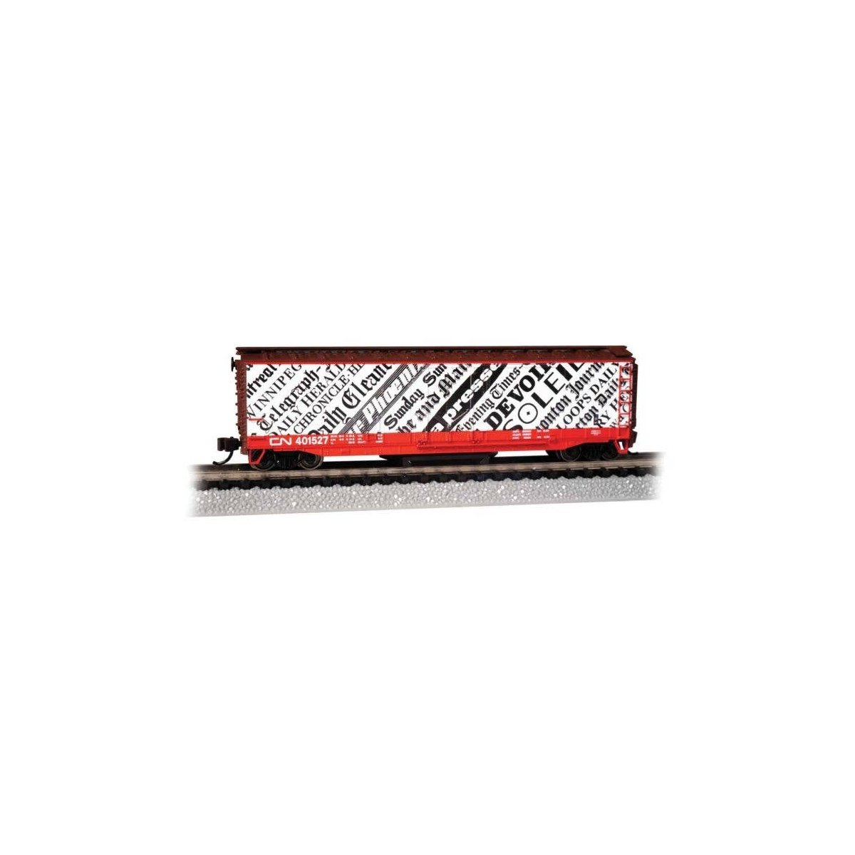 Track Cleaning 50′ Plug-Door Boxcar - Ready to Run -- Canadian National 401527 (Boxcar Red, yellow, N, Bachmann Industries 163