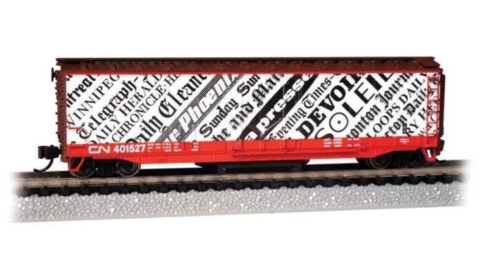 Track Cleaning 50′ Plug-Door Boxcar - Ready to Run -- Canadian National 401527 (Boxcar Red, yellow, N, Bachmann Industries 163