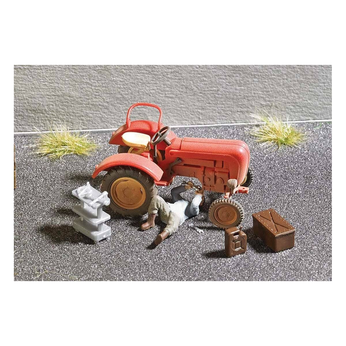 Tractor Repair - Action Set -- Tractor, Tool Cart, Toolbox, Container, HO Busch Gmbh & Co Kg 7937