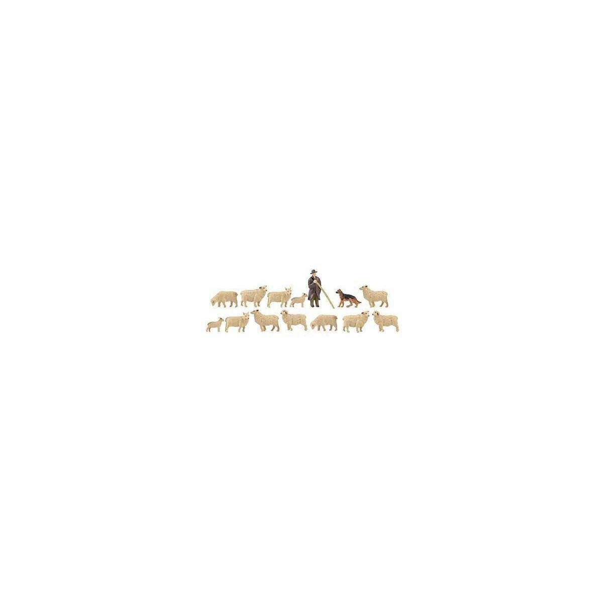 Shepherd with Flock -- Shepherd, Dog, 12 Sheep, HO Faller Gmbh 151901