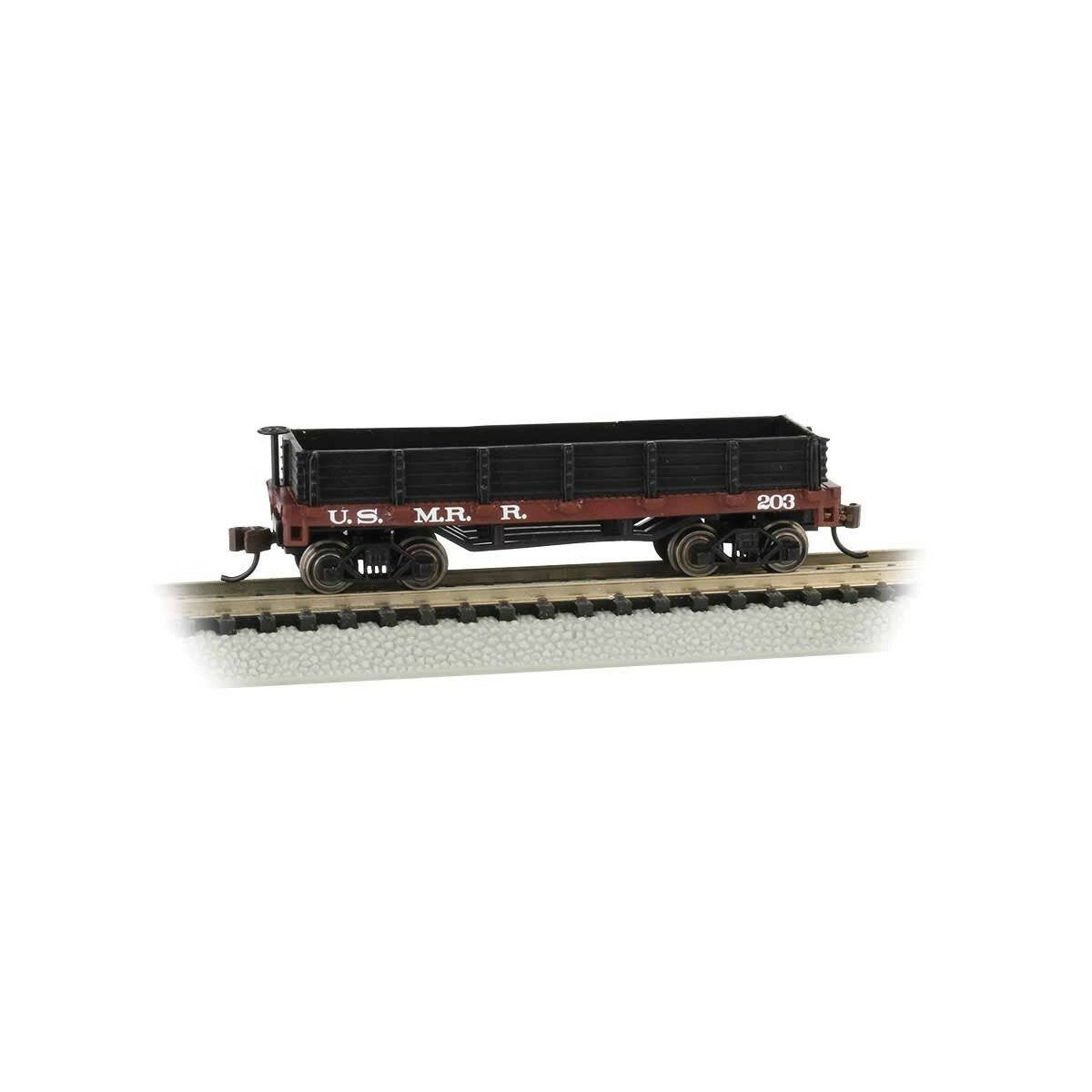 Old-Time Wood Gondola - Ready to Run -- United States Military Railroad 203 (red, black), N Bachmann Industries 15454