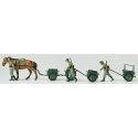 Military - Former German Army WWII - Unpainted Figures -- Horse- & Hand-Drawn Infantry Carts w/3 Soldiers, HO, Preiser Kg 16547