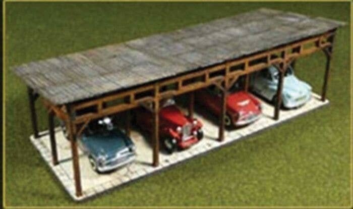 Car Shed/4-Space Carport -- Laser-Cut Wood Kit, HO, Bachmann Industries 39102