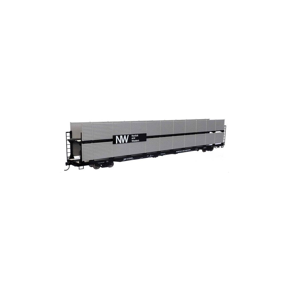 89′ Flatcar w/Bi-Level Shielded Auto Rack - Ready to Run -- Norfolk & Western Rack & Flatcar 412053, HO, WalthersMainline 8124