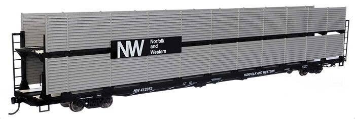 89′ Flatcar w/Bi-Level Shielded Auto Rack - Ready to Run -- Norfolk & Western Rack & Flatcar 412053, HO, WalthersMainline 8124