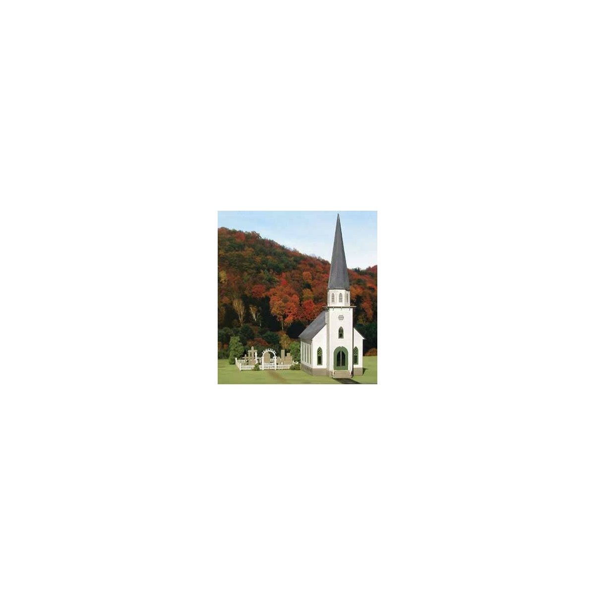 St. Mary′s Church -- 1-3/16 x 2-5/8 x 4-3/16′ 2.9 x 6.5 x 10.4cm w/Cemetery, Headstones & Fenc, Z Micro Structures 229700