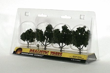 Ready-Made `Realistic Trees` - Deciduous - 2 to 3` 5.1 to 7.6cm pkg(4) -- Medium Green, All Scales, Woodland Scenics 1504
