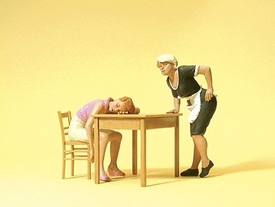 Pedestrians -- Sleeping Guest At Table & Waitress pkg(2), G, Preiser Kg 45145