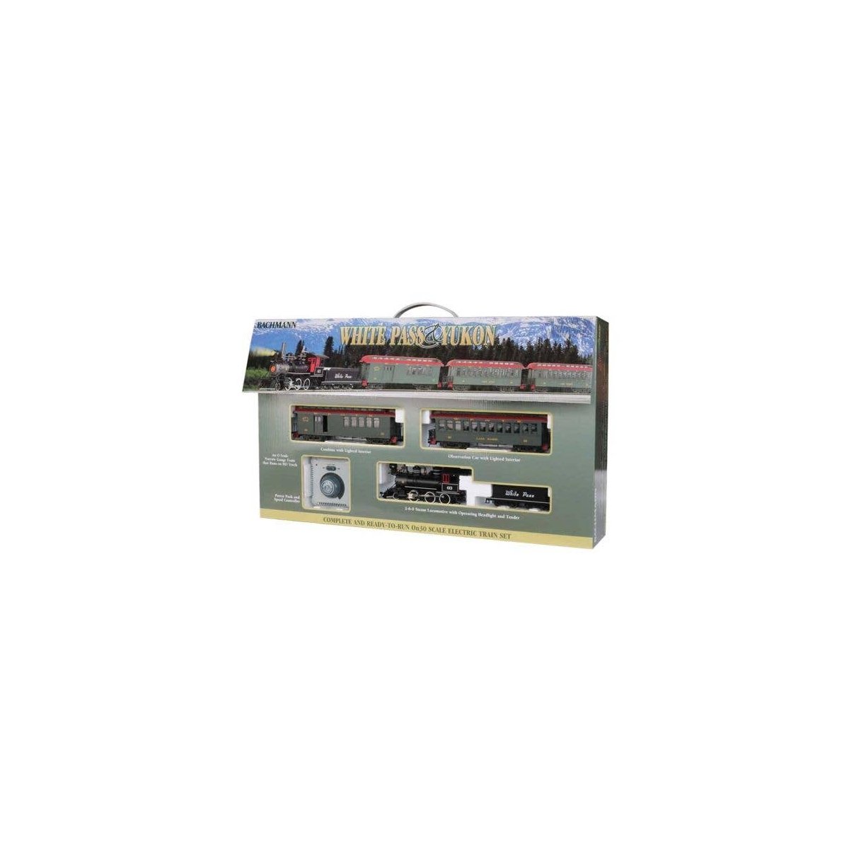 White Pass & Yukon -- 2-6-0 Loco, Wood Combine, Wood Coach 56 x 38′ Track Oval, Power Pack, On30, Bachmann Industries 25024