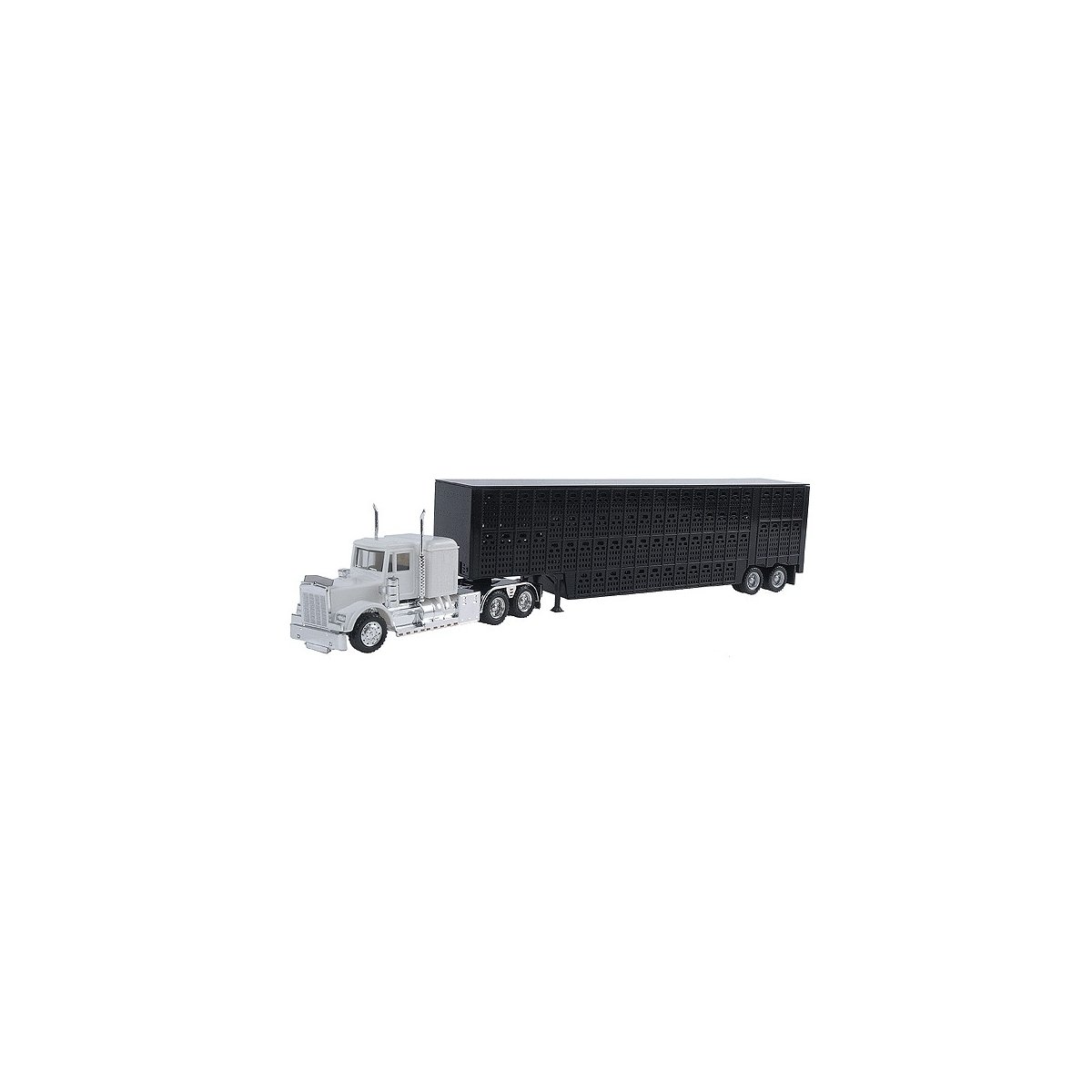 Kenworth W-900 w/Skirted Chassis, Tool Box & 48′ Livestock Trailer -- White Tractor, Black Trailer, HO Herpa Models 6347