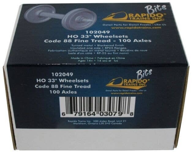 RP25 Metal Wheelsets, Code 88 Tread, Insulated One Side, 1.015` Axle Length -- 33` Diameter p, HO, Rapido Trains Inc 102049