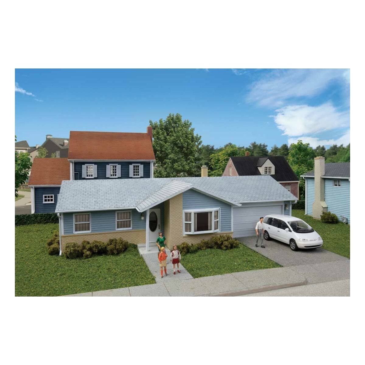 Ranch House with Attached 2-Car Garage -- Kit - 7-3/4 x 4-3/16 x 2-3/8′ 19.6 x 10.6 x 6cm, HO Walthers Cornerstone 4155