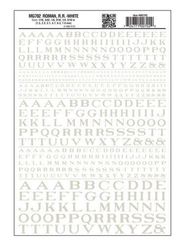 Dry Transfer Alphabet - Railroad Roman - 1/16, 3/32, 1/8, 3/16, 1/4 & 5/16′ -- White, All Scales, Woodland Scenics 702