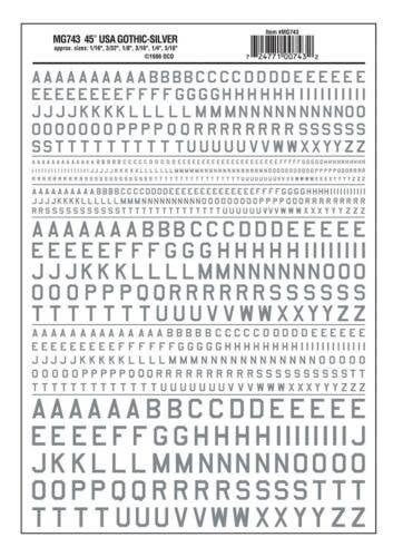 Dry Transfer Alphabet & Numbers - 45-Degree USA Gothic (Military Style) -- Silver, All Scales, Woodland Scenics 743