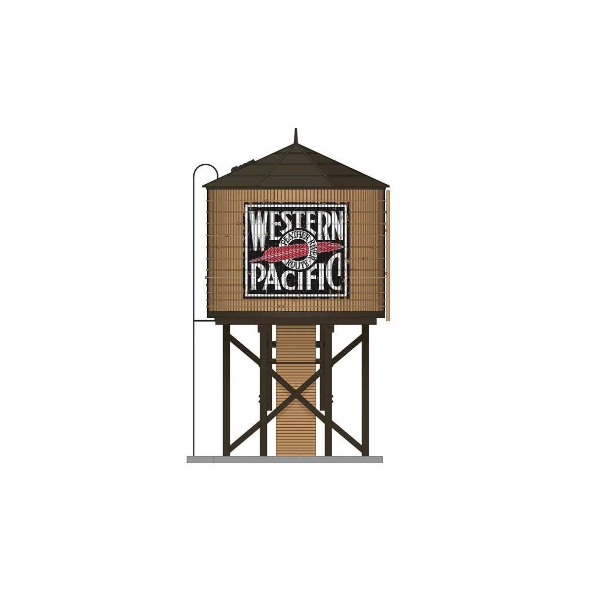 Operating Water Tower with Sound and Motorized Spout -- Assembled - Western Pacific (Weathered, brown, black, Feather River Logo