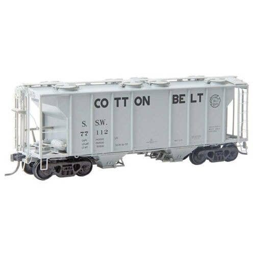 PS-2 2-Bay Covered Hopper - Ready to Run -- Cotton Belt SSW 77112 (As-Built 1957, gray, bl, HO, Kadee Quality Products 8052