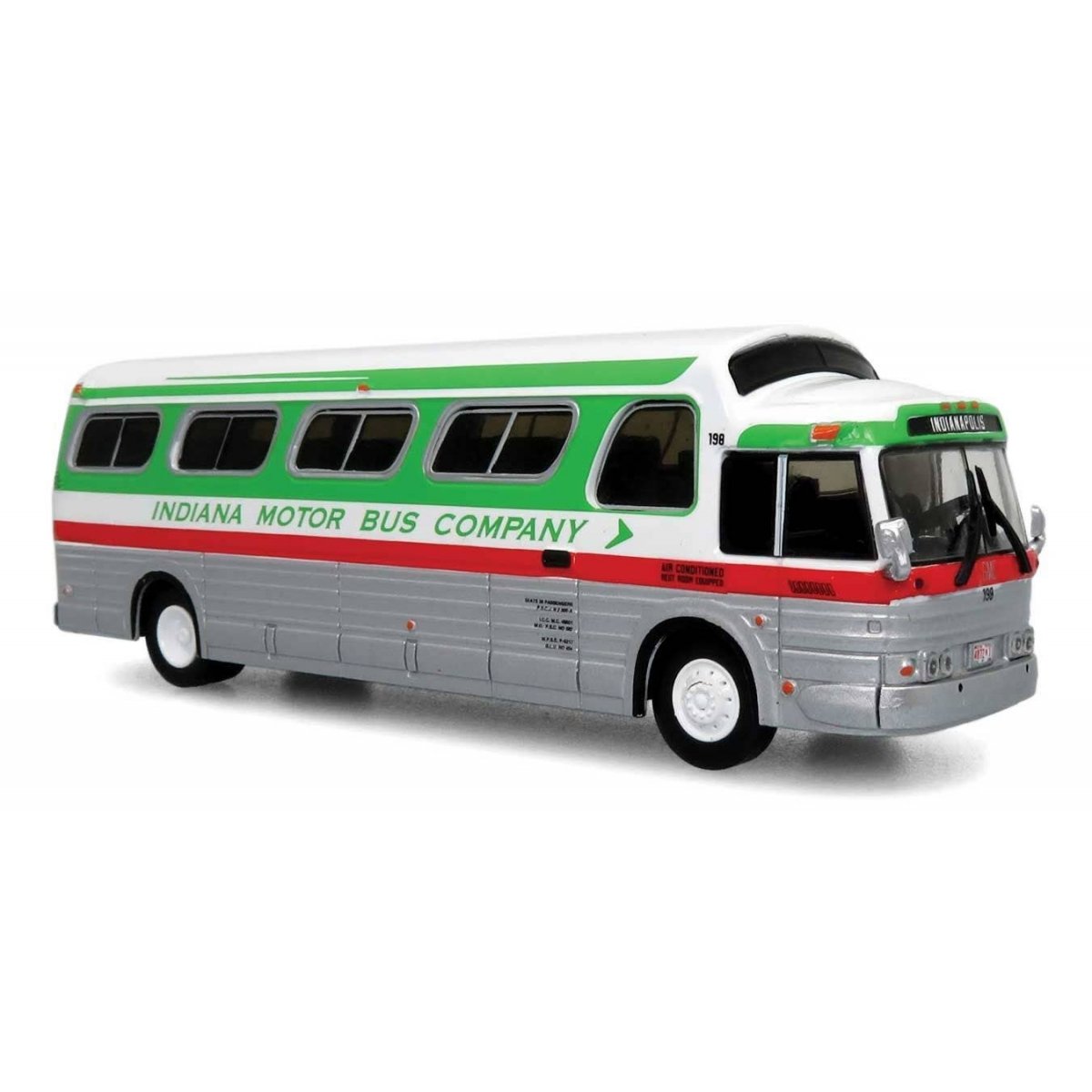 1966 GM 4107 Motorcoach Bus - Assembled -- Indiana Motor Coach (Destination: Indianapolis, green, silver, red, cream), HO Iconic