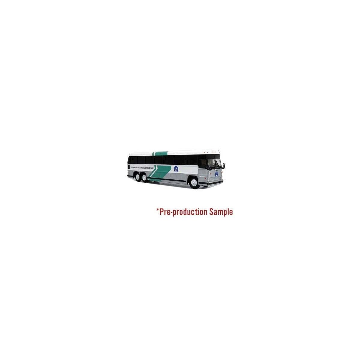 MCI MC-12 Bus - Assembled -- U.S. Immigration & Naturalization Service (white, silver, green), HO Iconic Replicas 870343