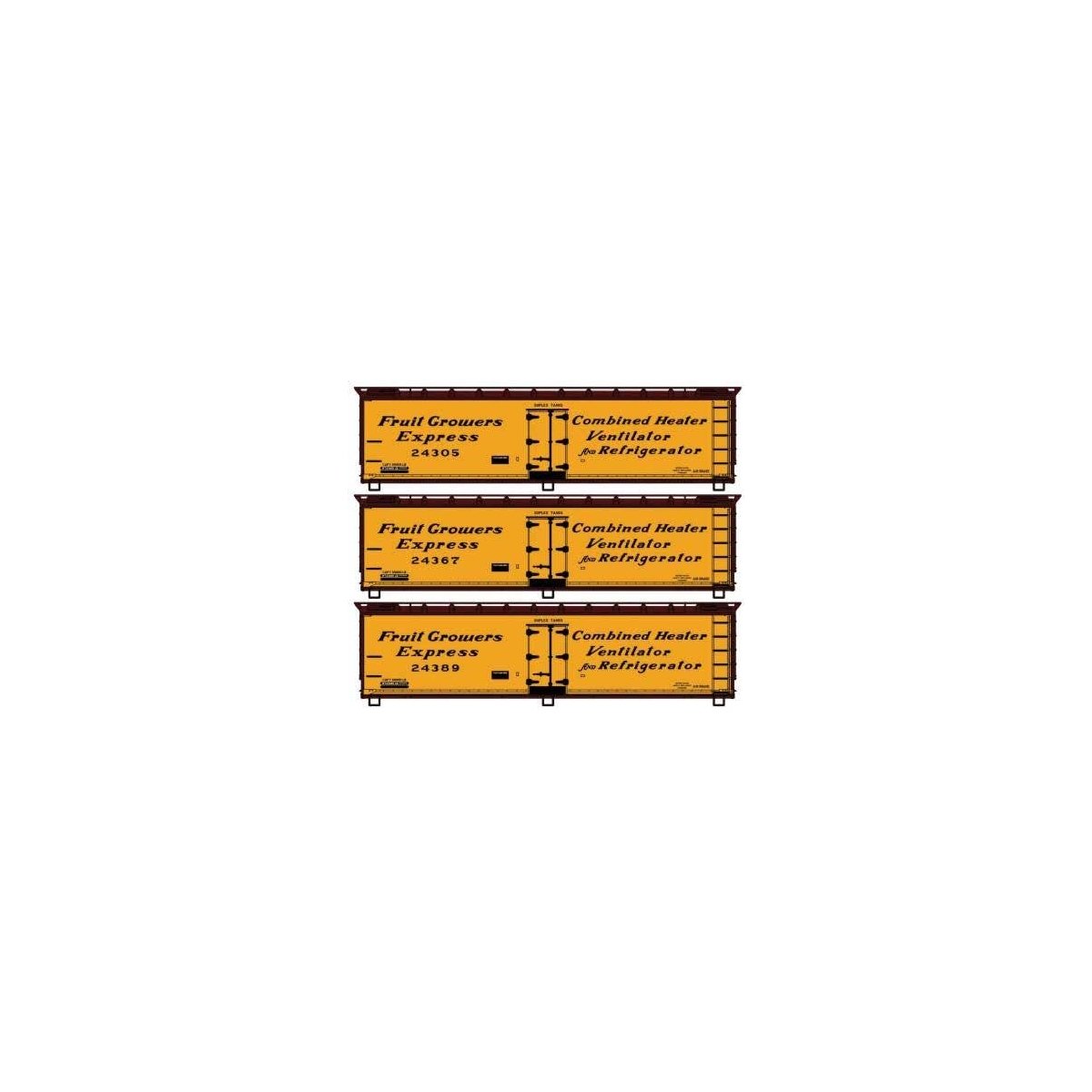 Early 40′ Wood Reefer 3-Pack - Kit -- Fruit Growers Express 24305, 24367, 24389 (Early, yellow, Boxc, HO, Accurail Inc 8161