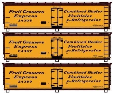 Early 40′ Wood Reefer 3-Pack - Kit -- Fruit Growers Express 24305, 24367, 24389 (Early, yellow, Boxc, HO, Accurail Inc 8161