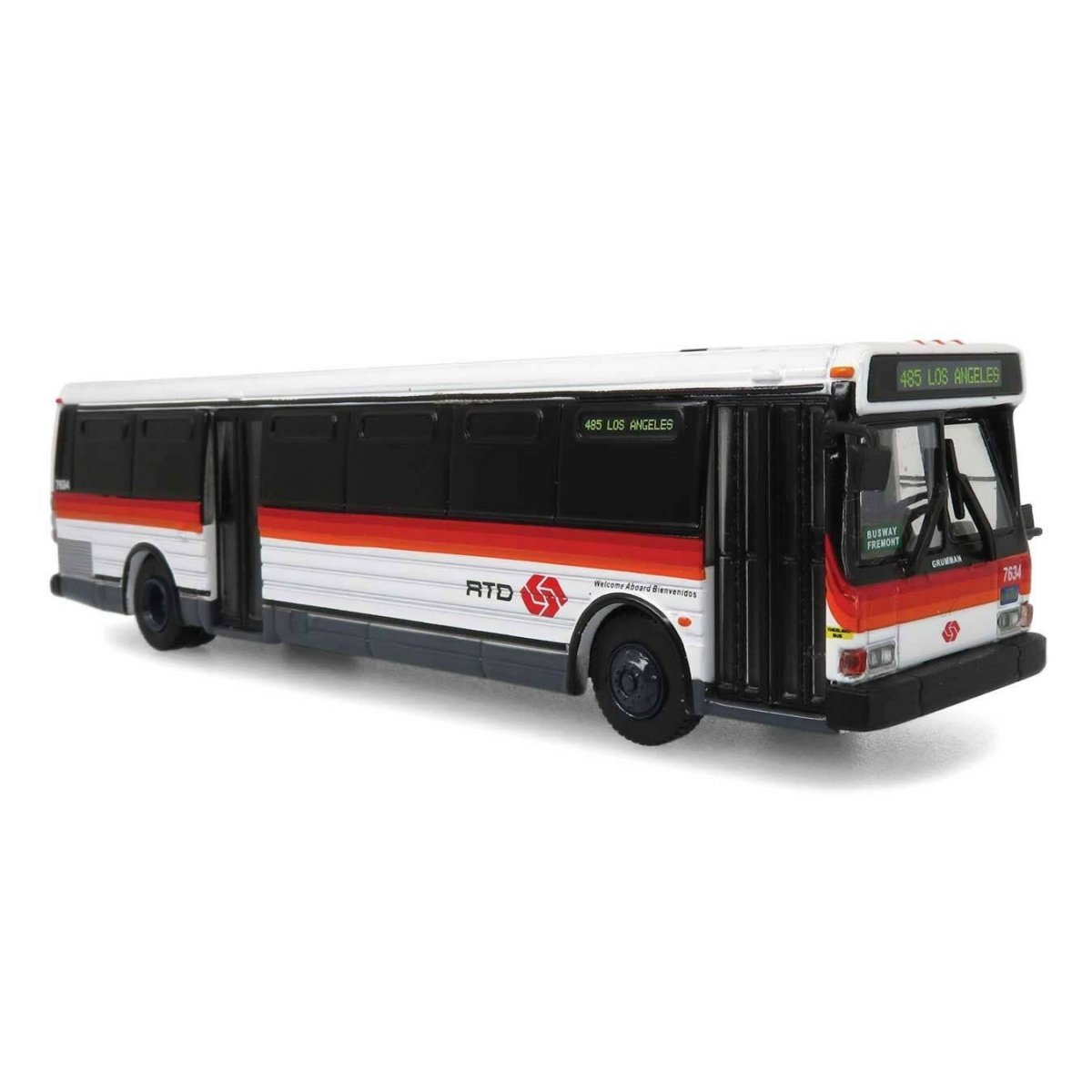 Grumman 870 Transit Bus - Assembled -- Los Angeles RTD (white, orange, yellow, black, Destination 485 Los Angeles), HO Iconic Re