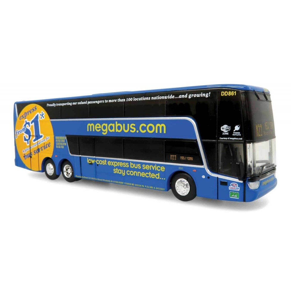 VanHool TDX Double-Deck Motorcoach Bus - Assembled -- Megabus (blue, yellow), HO Iconic Replicas 870468