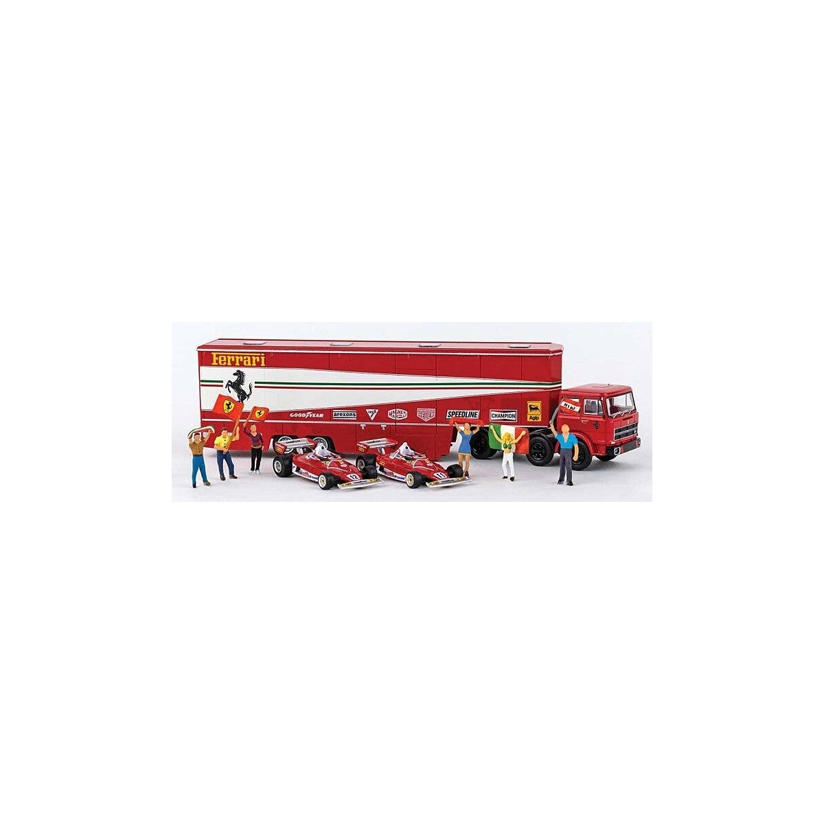 Fiat Semi Tractor w/Racing Trailer, 2 Ferrari 312T2 & 6 Figures - Assembled -- Ferrari Racin, HO, Brekina Automodelle 58575