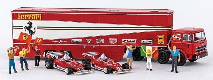 Fiat Semi Tractor w/Racing Trailer, 2 Ferrari 312T2 & 6 Figures - Assembled -- Ferrari Racin, HO, Brekina Automodelle 58575