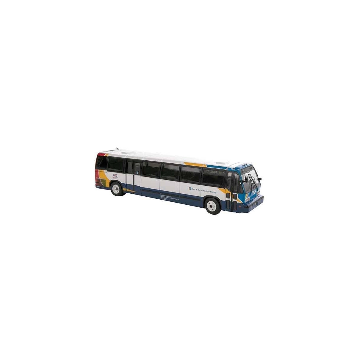 1987-1994 TMC RTS Transit Bus - Assembled -- Hudson County (white, red, tan, blue), HO, Iconic Replicas 870318