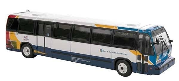 1987-1994 TMC RTS Transit Bus - Assembled -- Hudson County (white, red, tan, blue), HO, Iconic Replicas 870318