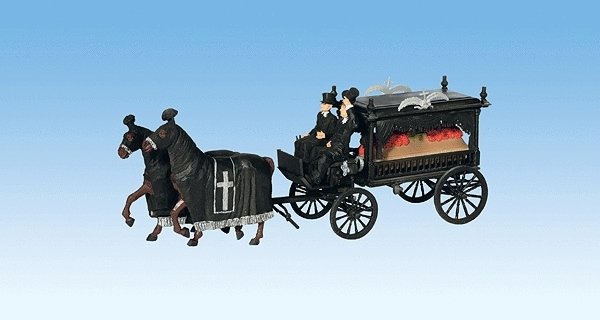 Horse-Drawn Wagon -- Hearse w/Driver & Coachman, 2-Horse Team w/Trappings, HO, Noch Gmbh & Co 16714