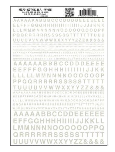 Dry Transfer Alphabet & Numbers - Railroad Gothic -- White, All Scales, Woodland Scenics 721