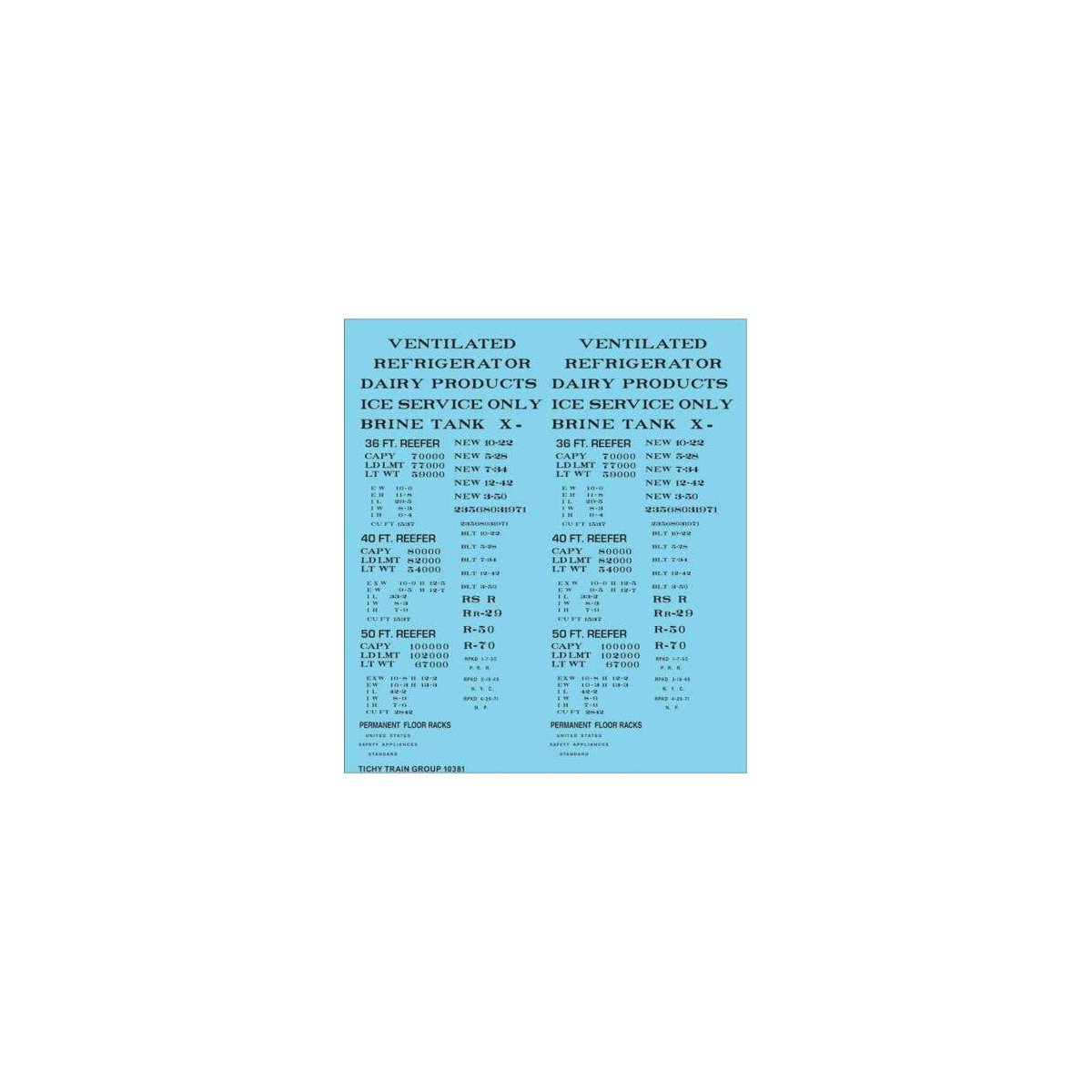Railroad Decal Set -- Generic 36`, 40` and 50` Refrigerator Car - Reefer Data (black lettering, HO, Tichy Train Group 10381