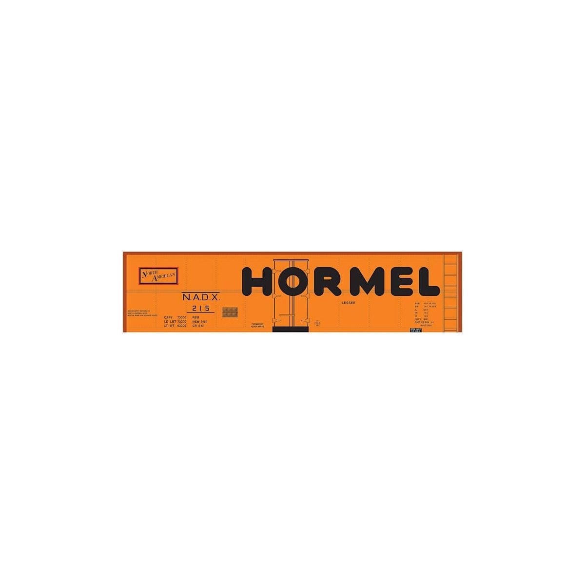Railroad Decal Set -- Hormel NADX 40′ Steel Reefer (orange Car, Large Hormel, North American L, HO, Tichy Train Group 10220