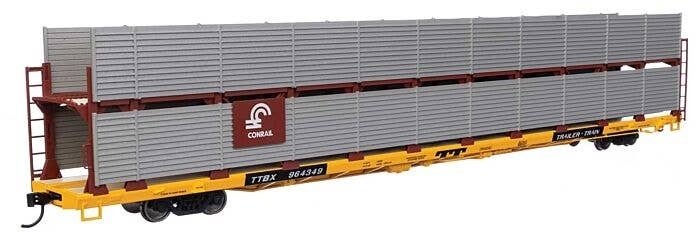 89′ Flatcar w/Bi-Level Shielded Auto Rack - Ready to Run -- Conrail Rack / Trailer-Train Flatcar, HO, WalthersMainline 8111