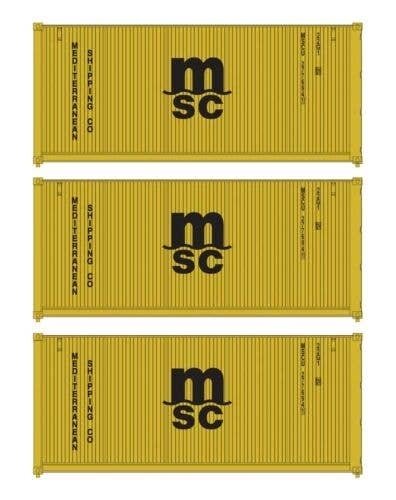 20′ Fully Corrugated Container - 3-Pack -- Mediterranean Shipping Co., HO, Walthers SceneMaster 18054