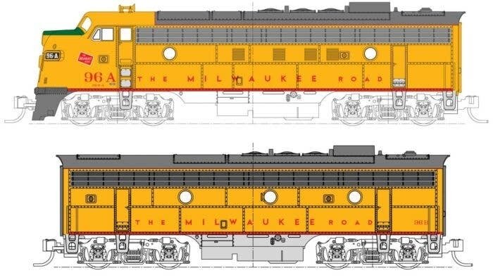 EMD FP7A-F7B Set - Standard DC -- Milwaukee Road 96A, 96B (Post 1955, Armour Yellow, gray, red), N, Kato USA Inc 1060432