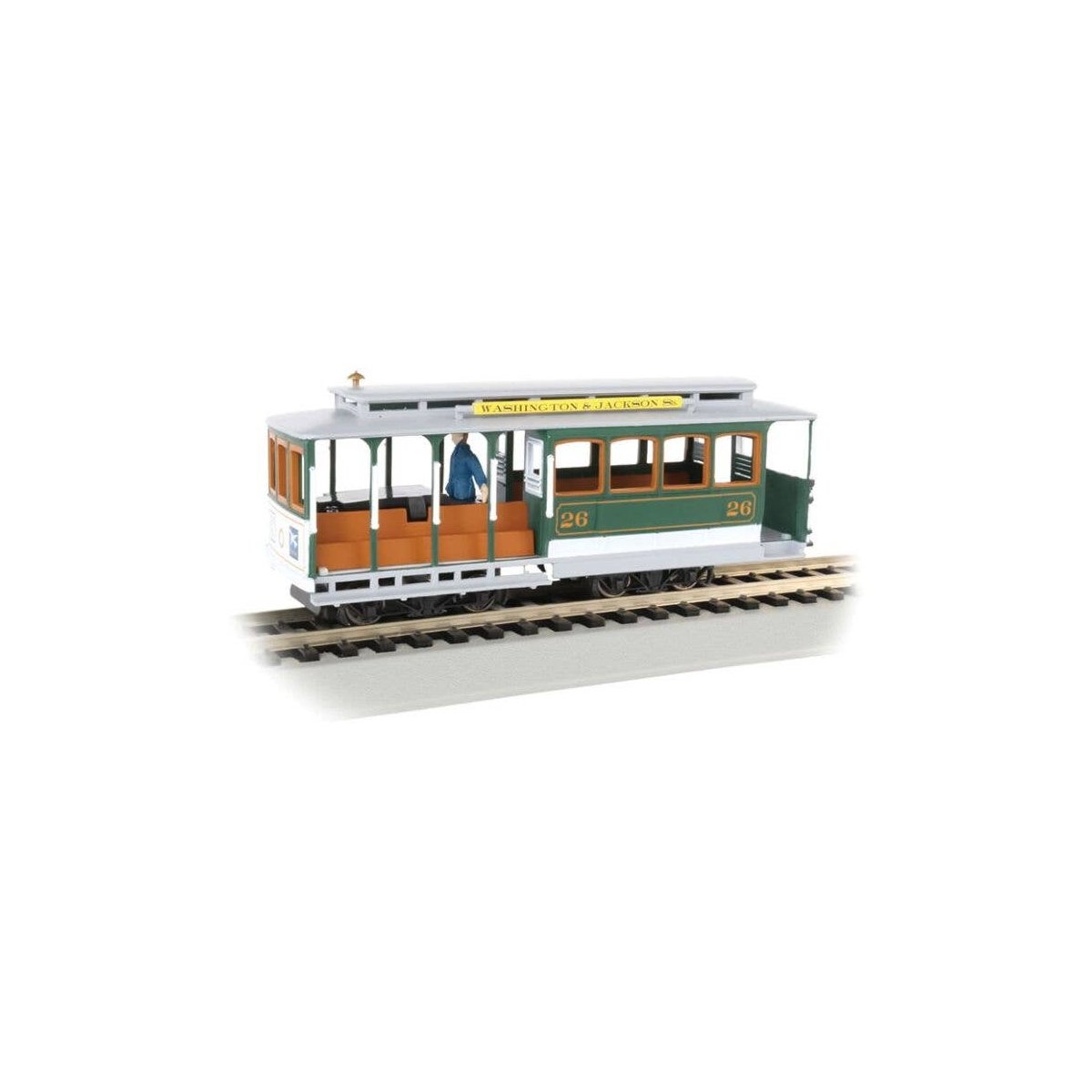 Cable Car with Grip Man - Standard DC -- Washington & Jackson Streets 26 (green, gray), HO, Bachmann Industries 60536