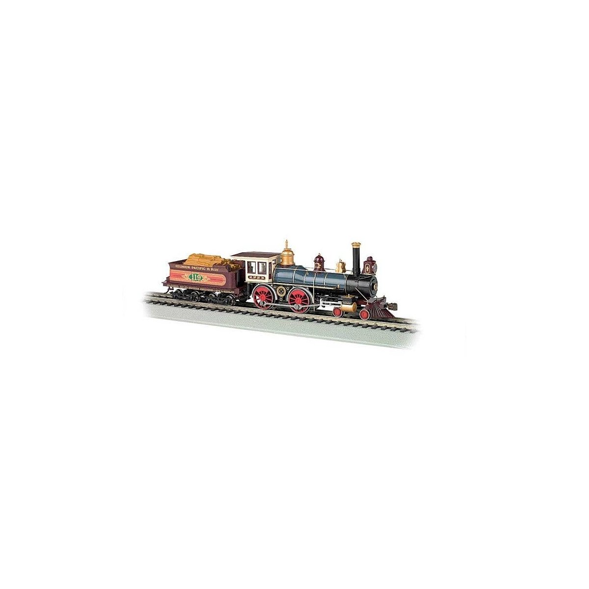 4-4-0 w/Wood Tender Load - Standard DC -- Union Pacific 119 (Russian Iron, black, red, brown, HO, Bachmann Industries 51002