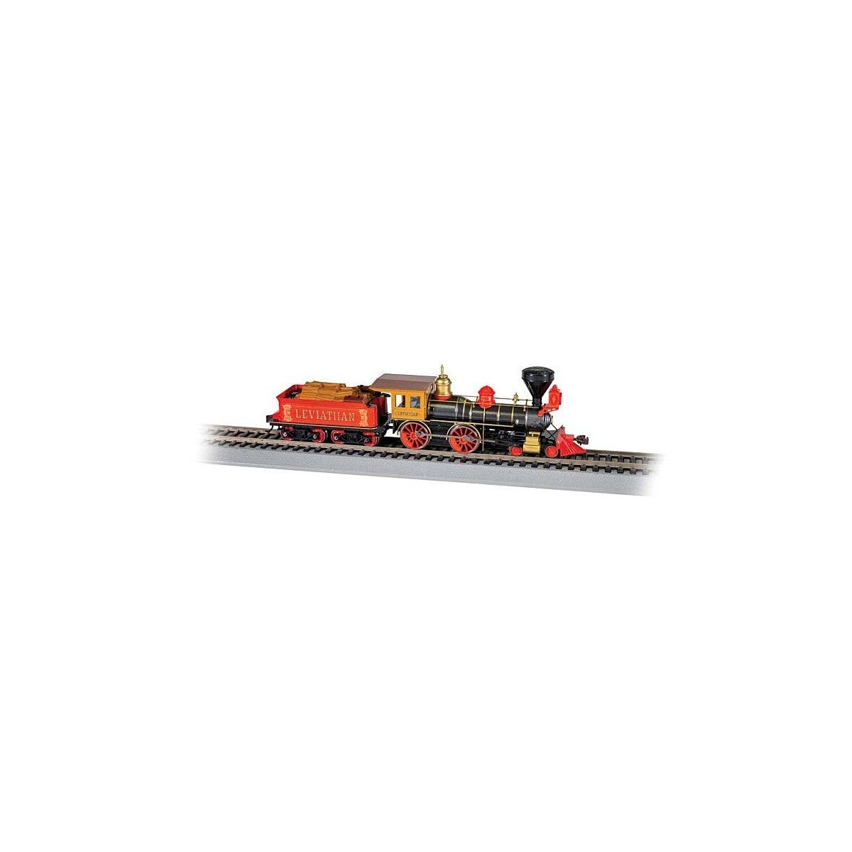4-4-0 w/Wood Tender Load - Standard DC -- Central Pacific 63 Leviathan (red), HO, Bachmann Industries 51008