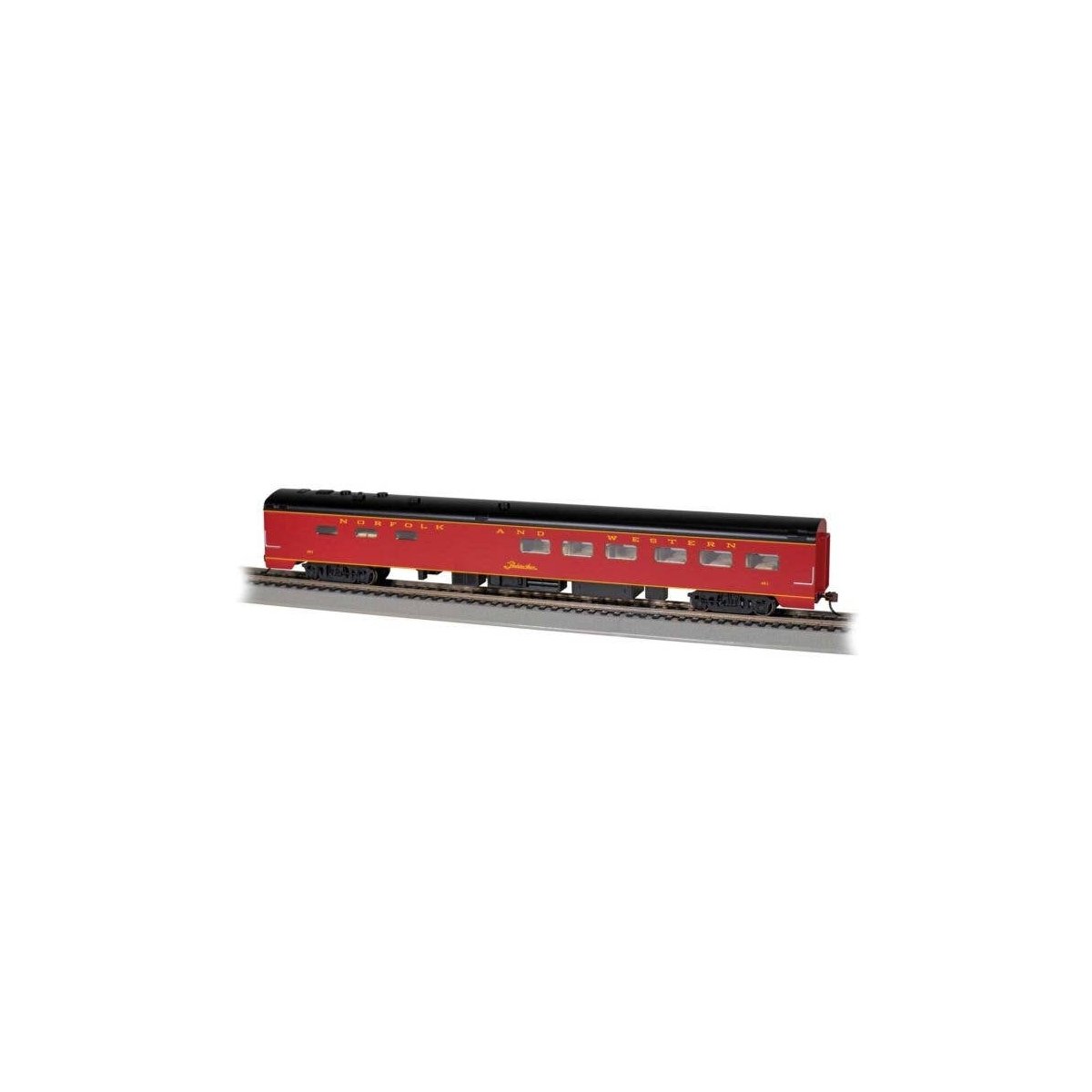 85′ Smooth-Side Diner - Lighted - Ready to Run -- Norfolk & Western 491 (maroon, black), HO, Bachmann Industries 14810