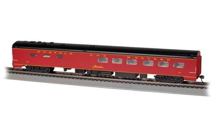 85′ Smooth-Side Diner - Lighted - Ready to Run -- Norfolk & Western 491 (maroon, black), HO, Bachmann Industries 14810