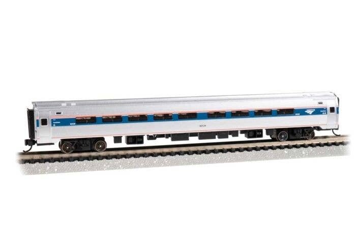 Amfleet I Coach with Lighting - Ready to Run -- Amtrak 82768 (Phase VI, silver, blue, red, wh, N, Bachmann Industries 14173
