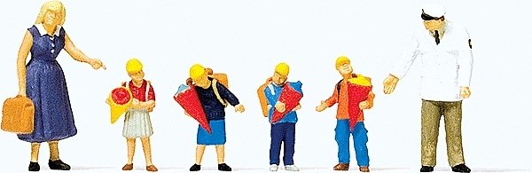 Pedestrians -- First Day at School Man, Woman, 4 Children, HO, Preiser Kg 10596