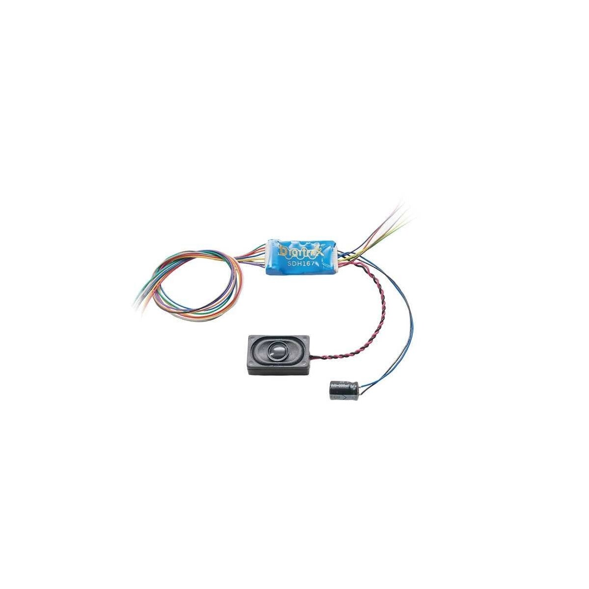 SDH167D Series 7 Sound Decoder for HO and Larger Scales -- 2 Sound Schemes, 9-Pin Harness, 1.0A, 6 Functions, 16 x 26 x 9mm Spea