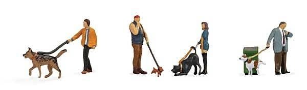 People with Dogs -- 4 of Each & 1 Garbage Can, HO, Noch Gmbh & Co 15471