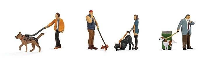 People with Dogs -- 4 of Each with 1 Garbage Can, HO, Walthers SceneMaster 6082