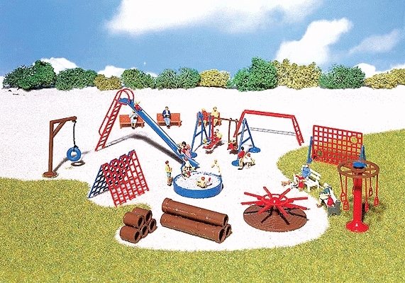 Playground Accessories - Kit -- Includes Tire Swing, Swing Set, Slide, Sandpit, Monkey Bars & 6 Mor, HO, Faller Gmbh 180576